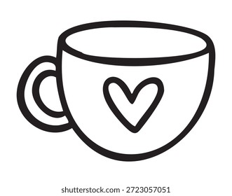 Niedliche Tasse mit Herz für gemütliche Studienzeit, Doodle-Symbol für Planer und Tagebuch, handgezeichnete monochrome Linie Kunst Umriss, saubere Kontur Stil, handgezeichnet.. Vektorgrafik.