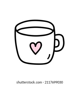 Cute cup with a heart isolated on white background. Vector hand-drawn illustration in doodle style. Perfect for Valentine's Day designs, cards, invitations, decorations.