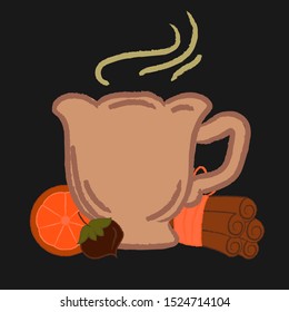 Cute cup of hot beverage with organic and natural decoration like nuts, cinnamon, orange. Vector isolated graphic design elements and illustration. Perfect for kitchen, cafe, shop, restaurant prints