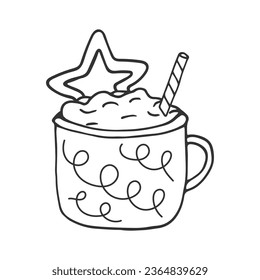 Cute cup of hot chocolate or cocoa with cream. Winter cozy doodle illustration. Seasonal warm drink. Hand drawn Design element for cafe menu, invitations, advertising, cards