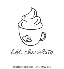 Cute cup of hot chocolate with hearts. Outline doodle hand drawn mug with hot tasty drink isolated on white. Design element for cafe menu, coffee shop advertising. Black and white illustration