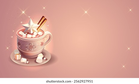 Cute cup of hot chocolate with holiday decorations