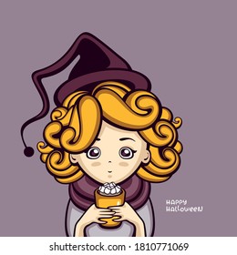 Cute with with cup of hot chocolate and marshmallows. Funny Cartoon character for halloween greeting card and season menu.