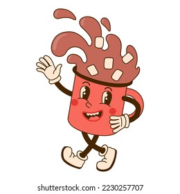 Cute Cup of hot drink character in retro cartoon style isolated on white background. Design element for Christmas and New year prints or posters. Vector illustration.