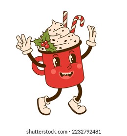 Cute Cup of hot drink character with holly and candy in retro cartoon style isolated on white background. Design element for Christmas and New year prints or posters. Vector illustration.