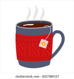 taza de té caliente con etiqueta de bolso de té, taza con bebida a base de hierbas al vapor, bebida de invierno, ilustración vectorial plana aislada sobre fondo blanco