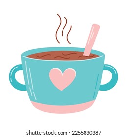 Cute Cup of hot tea or coffee with heart. Vector isolated cartoon illustration.