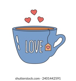 Cute cup with hot tea in retro groovy style.