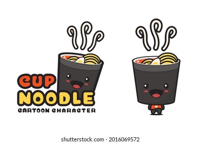 cute cup noodle mascot, food cartoon illustration, suitable for use as logos, packaging labels, stickers, etc.