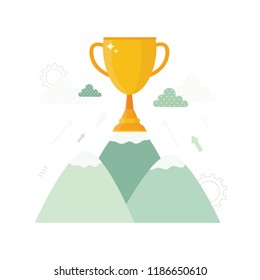 Cute cup  on a mount top. Success concept. Modern flat vector illustration. Victory