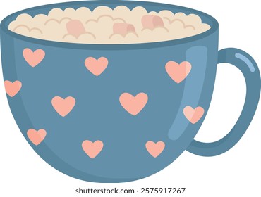 Cute cup with pink hearts isolated on white background. Hot cocoa with marshmallows. 