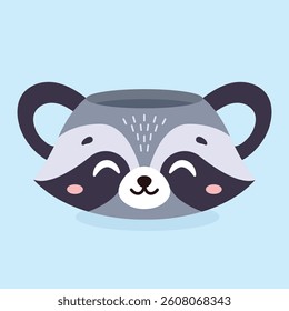 Cute cup in the shape of raccoon head. Vector illustration.