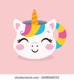Cute cup in the shape of unicorn head. Vector illustration.