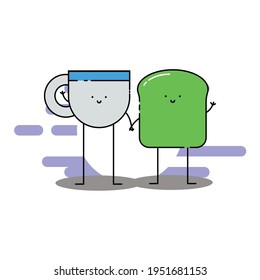 Cute cup of tea and avocado toast hold hand Illustration. modern simple food vector icon, flat graphic symbol in trendy flat design style. Food character.