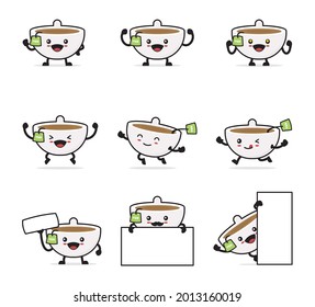 cute cup tea cartoon character. with happy facial expressions and different poses, isolated on a white background