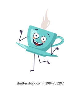 Cute cup of tea character with emotions dancing, smiling face, arms and legs. The funny, happy or smile hero, joyful mug with a saucer for a cafe. Vector flat illustration