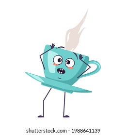 Cute cup of tea character with emotions in a panic grabs his head, face, arms and legs. The funny or sad mug with a saucer for a cafe. Vector flat illustration