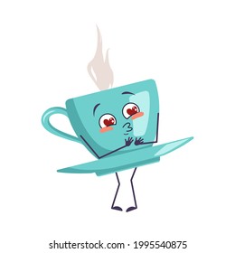 Cute cup of tea character falls in love with eyes hearts, kiss face, arms and legs. The funny or smile emotions mug with a saucer for a cafe. Vector flat illustration