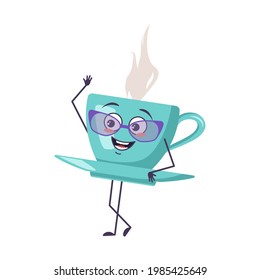 Cute cup of tea character with glasses and joyful emotions, smiling face, happy eyes, arms and legs. A mischievous mug with a saucer for a cafe. Vector flat illustration
