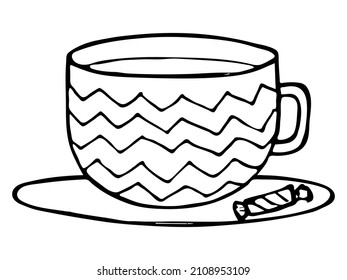Cute Tasse Tee oder Kaffee mit Bonbongrafik einzeln auf weißem Hintergrund. Einfache Schlammklammer Kunst. Gemütliche Hausdoodle. 