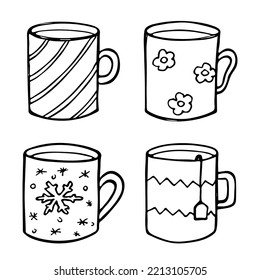 Cute cup of tea and coffee illustration. Simple mug clipart. Cozy home doodle set