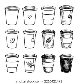 Cute taza de té e ilustración de café. Sencillo clipart. Cómodo conjunto de doodle casero