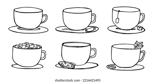 Cute cup of tea and coffee illustration. Simple mug clipart. Cozy home doodle set
