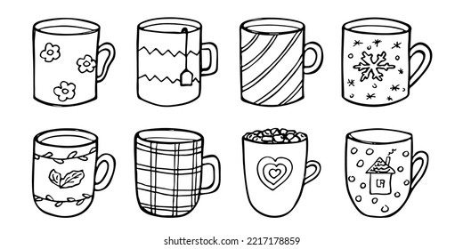 Cute taza de té e ilustración de café. Simple clíparte de la taza. Cómodo conjunto de doodle casero