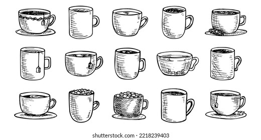 Cute cup of tea and coffee illustration. Simple mug clipart. Cozy home doodle set