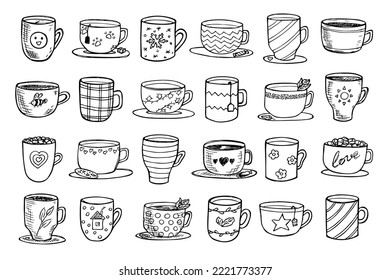 Cute cup of tea and coffee illustration. Simple mug clipart. Cozy home doodle set