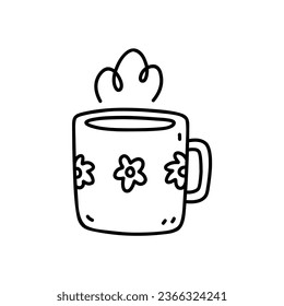 Una taza de té o de café muy tierno, aislada de fondo blanco. Ilustración de vectores dibujada a mano en estilo doodle. Perfecto para tarjetas, menús, logotipo, decoraciones.