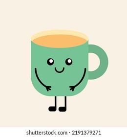 Cute cup of tea or coffee in kawaii style. Cartoon vector character, happy fall flat drink. Quirky design logo, icon, patch, sticker, print. Warming latte, autumn, isolated pretty illustration mug.