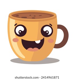 Cute cup of tea or coffee in kawaii style. Cartoon vector character, happy fall flat drink. Quirky design logo, icon, patch, sticker, print. Warming latte, autumn, isolated pretty illustration mug.