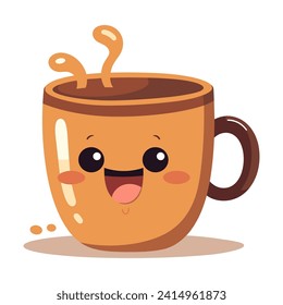 Tasse Tee oder Kaffee im kawaii-Stil. Cartoon Vektorgrafik, glücklicher Fall flach trinken. Quirky Design Logo, Symbol, Patch, Aufkleber, Druck. Warmer Latte, Herbst, einzelne schöne Illustrationsmuschel.