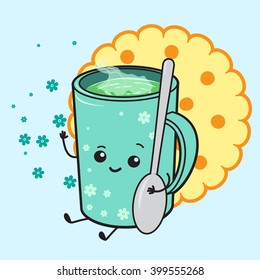 Cute cup of tea and cookie. Comic characters. Vector cartoon illustration.