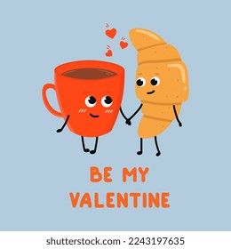 Cute cup of tea and croissant falling in love. Love and Valentine's Day concept. Illustration isolated on blue background.