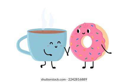 Cute cup of tea and donut falling in love. Love and Valentine's Day concept. Illustration isolated on white background. 