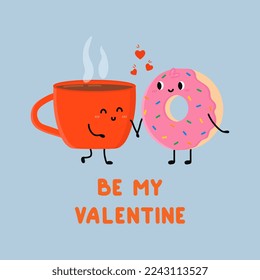 Cute cup of tea and donut falling in love. Love and Valentine's Day concept. Be my Valentine. Illustration isolated on blue background. 