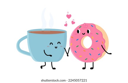 Cute cup of tea and donut falling in love. Love and Valentine's Day concept. Illustration isolated on white background. 