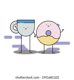 Cute cup of tea and donut hold hand Illustration. modern simple food vector icon, flat graphic symbol in trendy flat design style. Food character.
