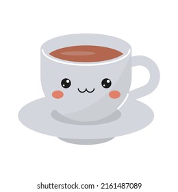 Cute cup of tea with eyes and smile. Kawaii style vector illustration on white background.