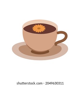 Cute cup of tea with a flower in a mug. Flat illustration 