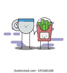Cute cup of tea and french fries hold hand Illustration. modern simple food vector icon, flat graphic symbol in trendy flat design style. Food character.