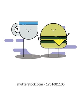 Cute cup of tea and happy cheese burger  hold hand Illustration. modern simple food vector icon, flat graphic symbol in trendy flat design style. Food character.