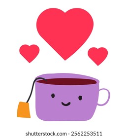 Cute cup of tea with hearts. Romantic design for Valentine's day. Flat vector illustration on white background.