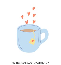 Cute cup of tea and hearts. Valentine's Day romantic design. Hand drawn isolated vector illustration