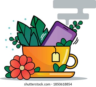 cute cup of tea with interesting filling. colorful still life. phone.logo. icon. flowers. 