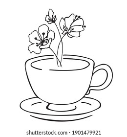 Cute cup of tea with jasmine flowers. Hand drawn doodle sketch vector illustration. For greeting cards, covers, posters, labels, food design, pastry shops, cafes. Black and white background.