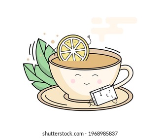 Cute cup with tea, lemon and sugar. Vector illustration isolated on white background.