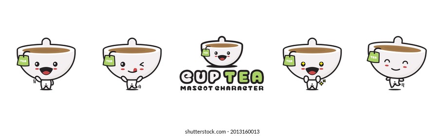 cute cup tea mascot character, drink cartoon illustration, with different facial expressions and poses, isolated on a white background
